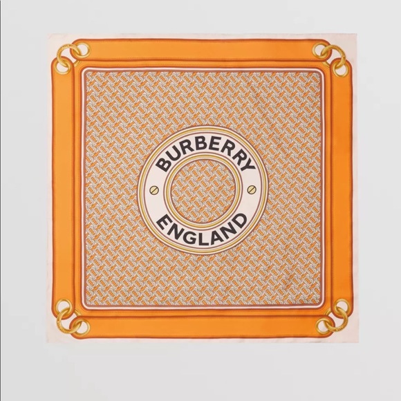 Burberry Print Logo Silk Orange Twill Scarf - Picture 2 of 16